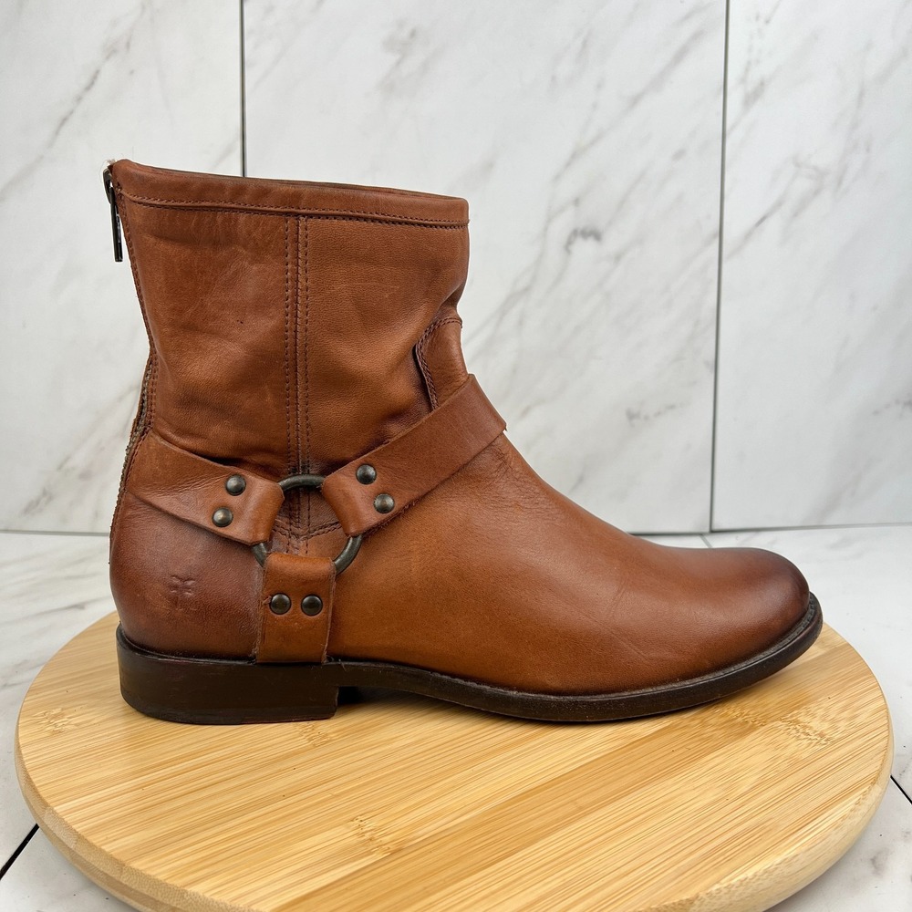 Frye Phillip Harness Womens Size 9 Cognac Brown Leather Moto Boots Shoes 3476504